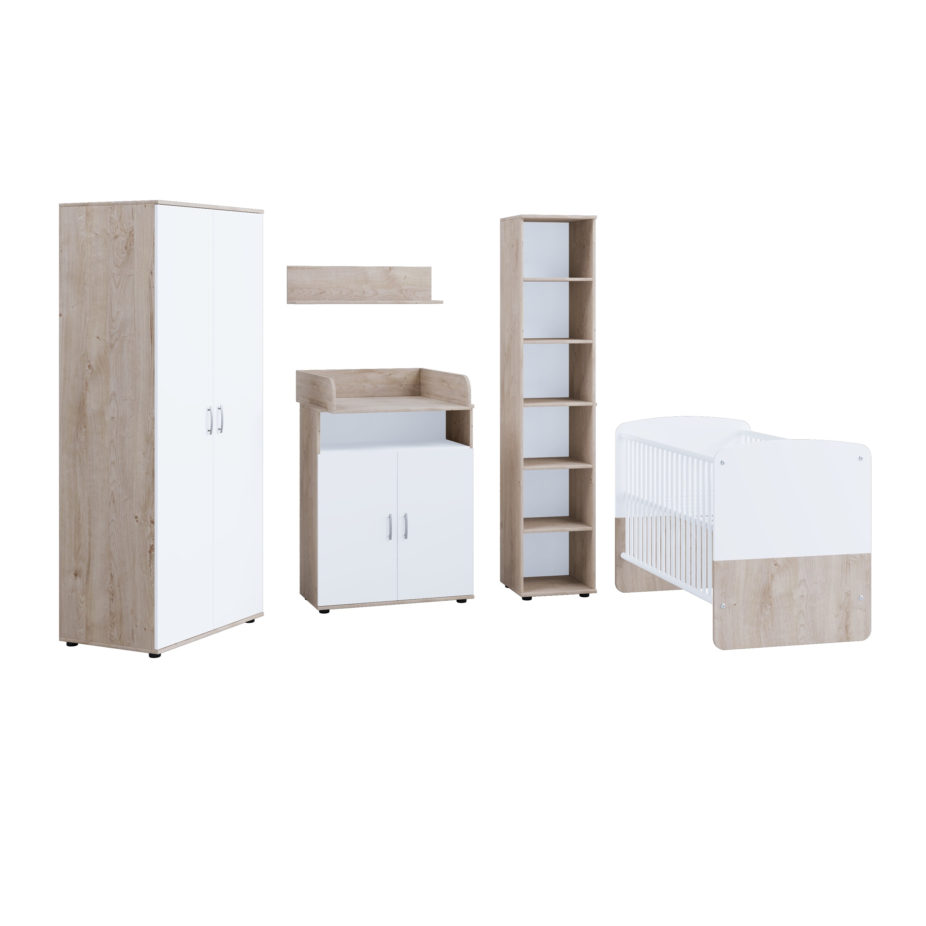 nonjoo. Babyzimmer Lani Set 5: best. aus Babybett, Kommode, Wickelaufsatz, Wandboard, Regal mit 6 Fächern und Kleiderschrank 2-trg.