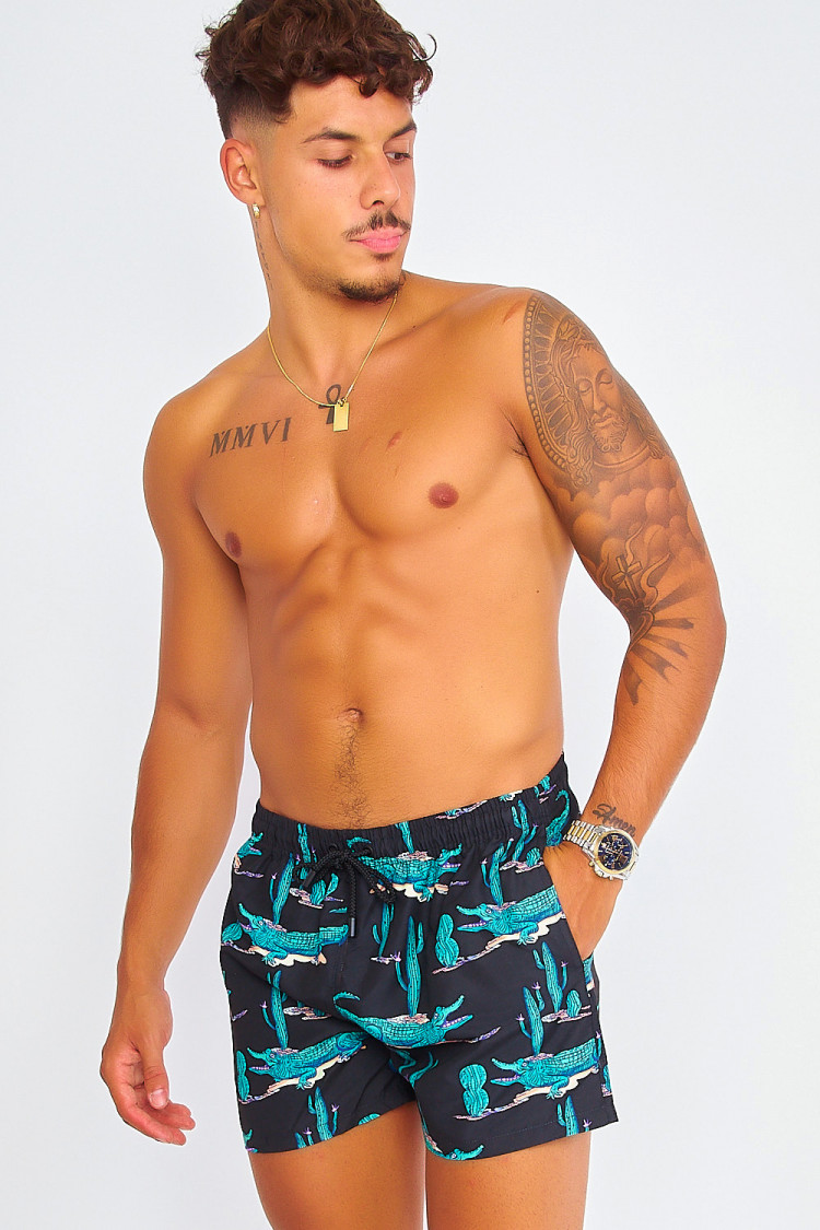 Short de bain noir à motif crocodiles verts