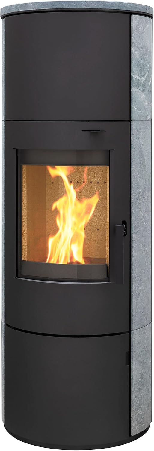 Kaminofen München XL Stahl schwarz Speckstein 7kw Speicherofen mit Steinverkleidung Panoramatür Holzofen Dauerbrand geeignet Schwedenofen 150mm Abgasstutzen selbstschließende Tür (Bauart 1)