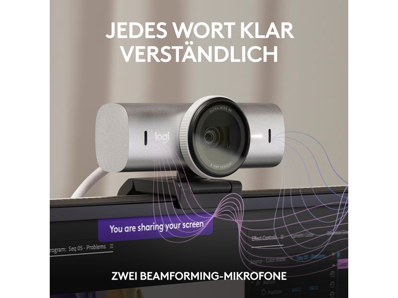 Logitech Webcam MX Brio 4K Pale Grey 4K-Webcam mit KI-gesteuerten Funktionen und erstklassiger Bildqualität