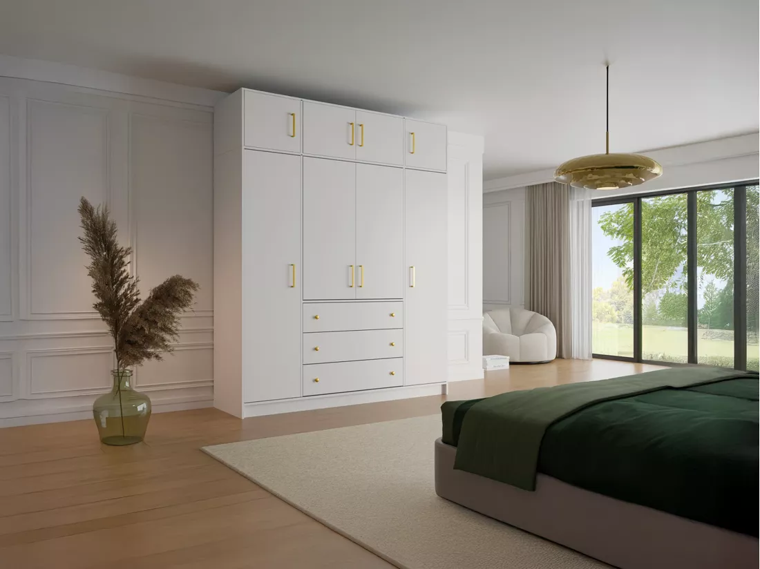 Armoire 4 portes et 3 tiroirs - L196 cm - Blanc + Réhausse - LIZANDRO