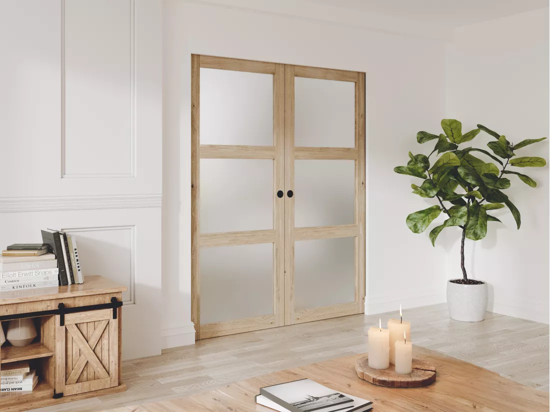 Porte coulissante double avec système à galandage en bois et verre trempé dépoli - 3 fenêtres - 2 x H205 x L83 cm - ACOSTA II