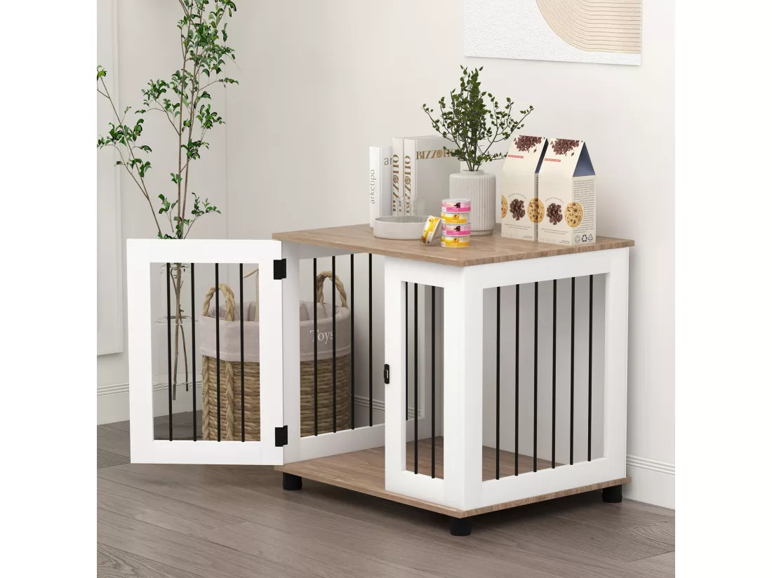 Cage pour chien animaux sur pied - porte verrouillable - acier noir panneaux blanc chêne clair
