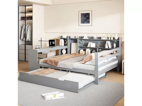 Lit gigogne 140x200 avec bureau étagères compartiments de rangement et étagères avec prises de courant lit double en bois Gris