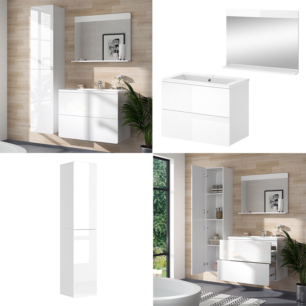 Vicco Badmöbel-Set Izan Weiß Hochglanz modern Waschtischunterschrank Waschbecken Badspiegel Hochschrank