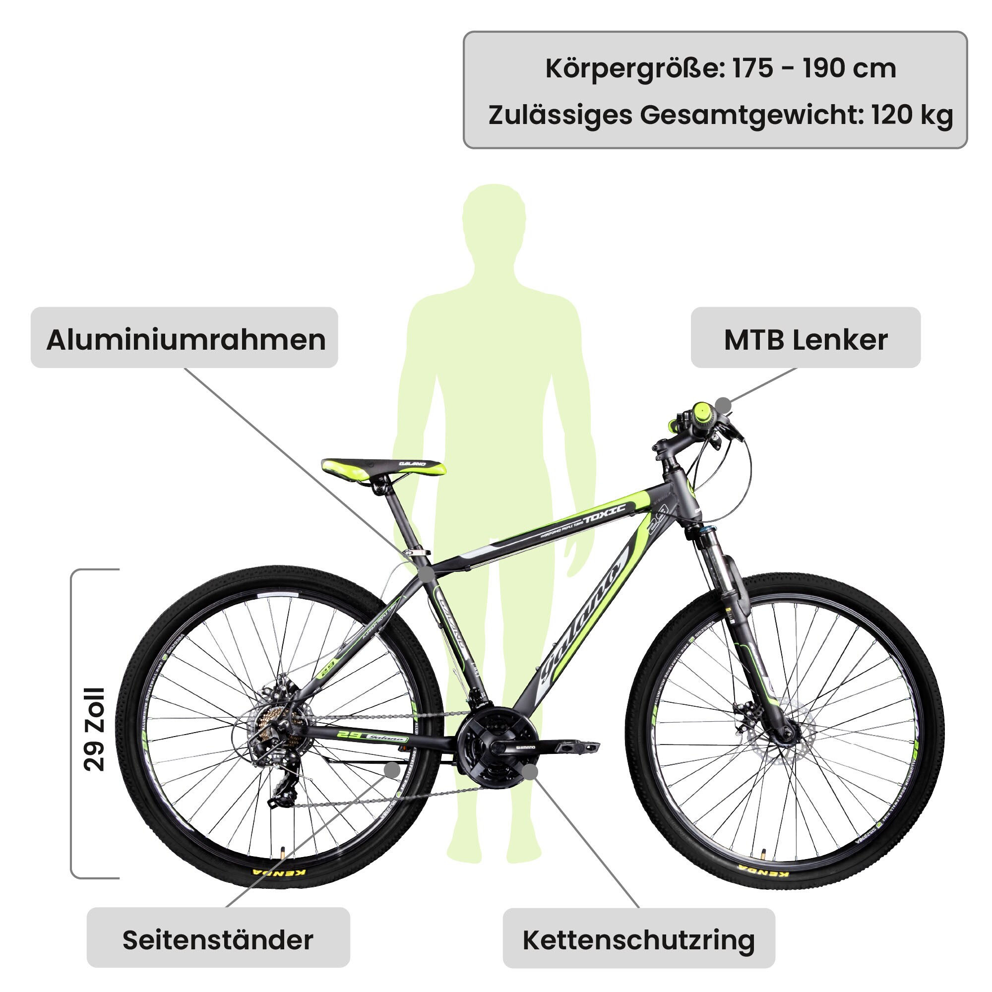 Galano Toxic Mountainbike Hardtail 29 Zoll für Erwachsene ab 175 cm MTB Fahrrad 21 Gang Federgabel Scheibenbremsen