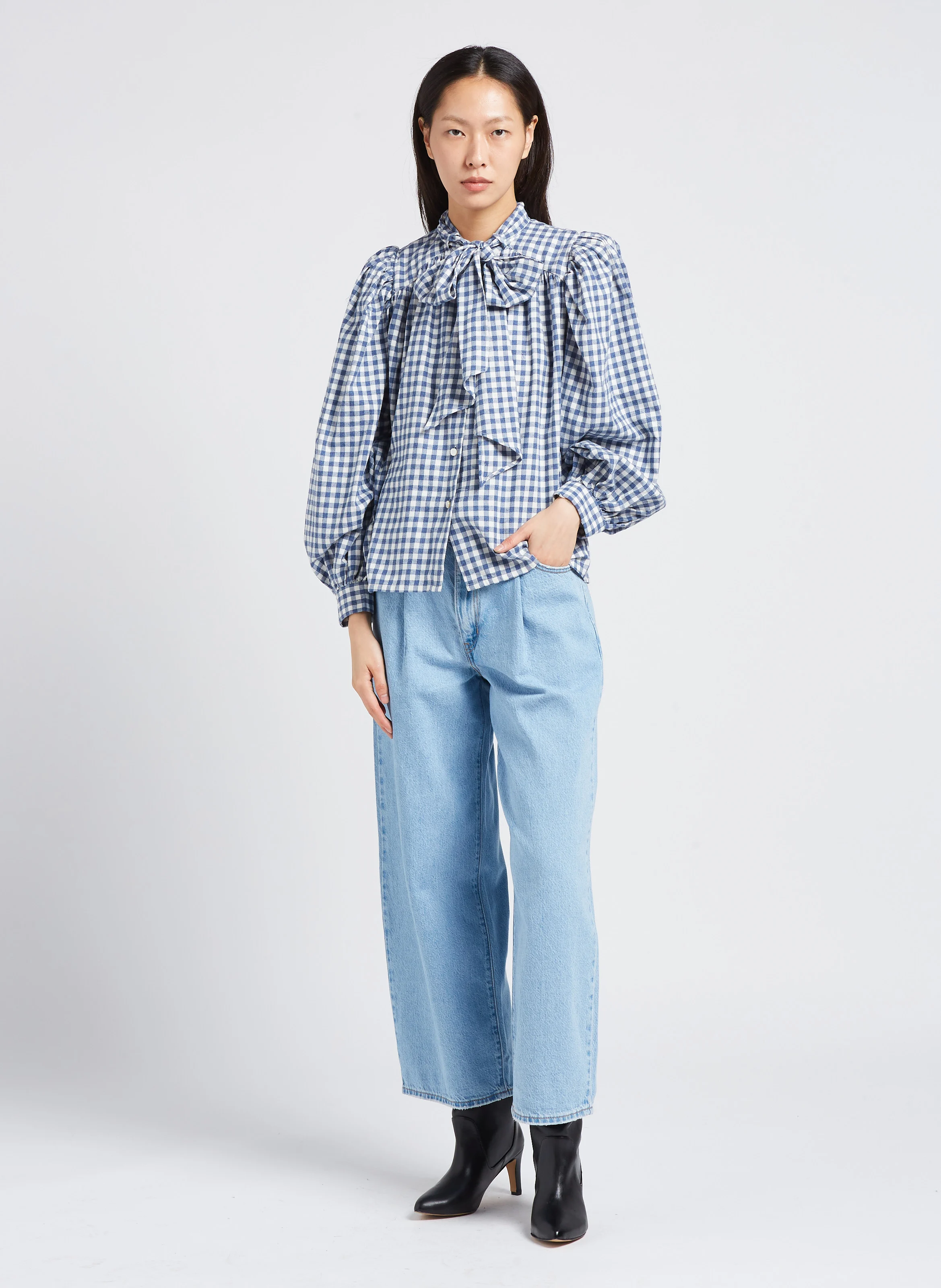 PIA - Chemise droite imprimé col mao en coton | Bleu