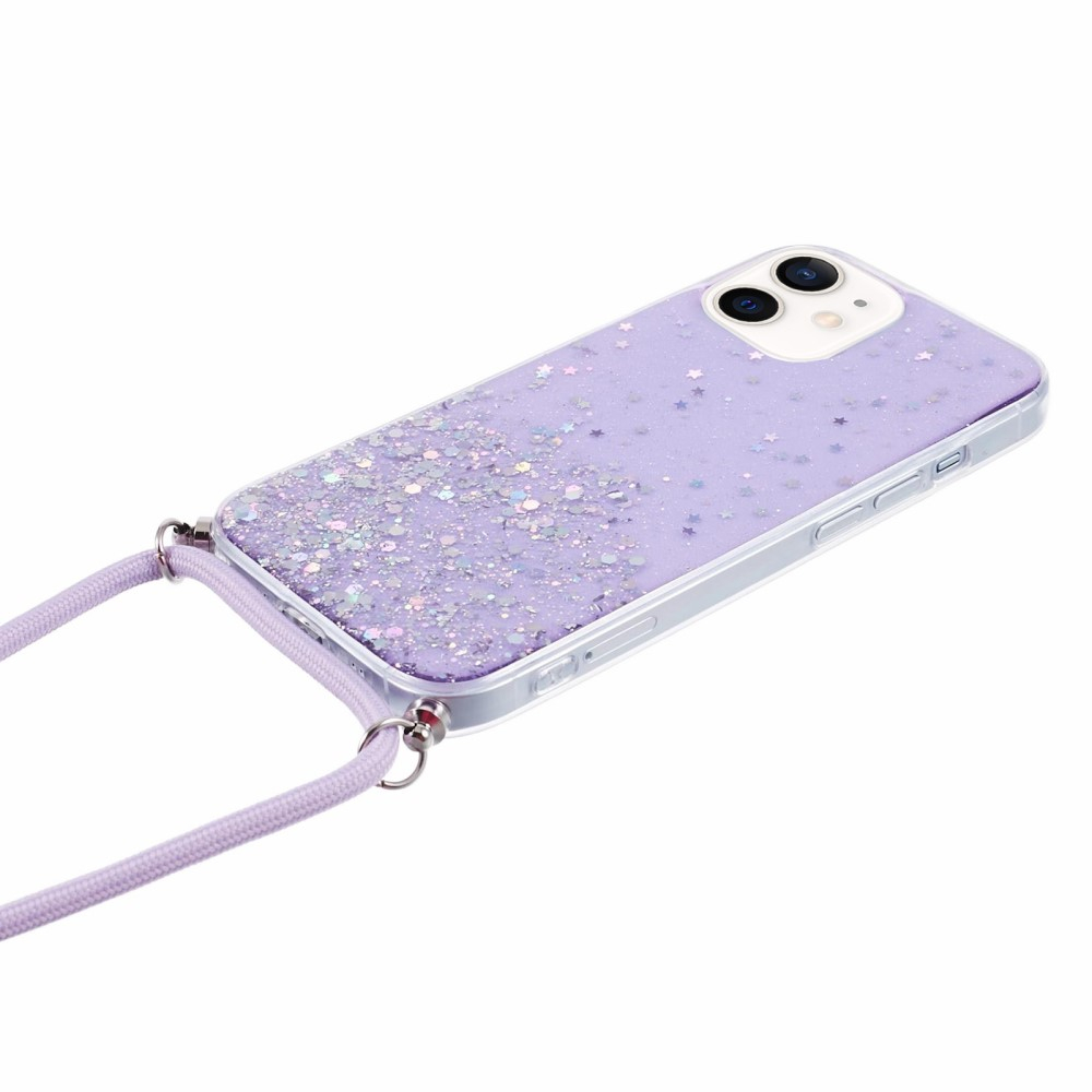 iPhone 12 / iPhone 12 Pro Necklace Gummi Hülle im Glitzer Design   Handykette (140cm) - Lila / Transparent