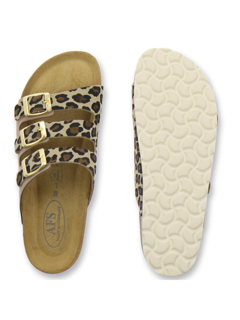 Pantoletten Damen Dreischnaller leo-beige