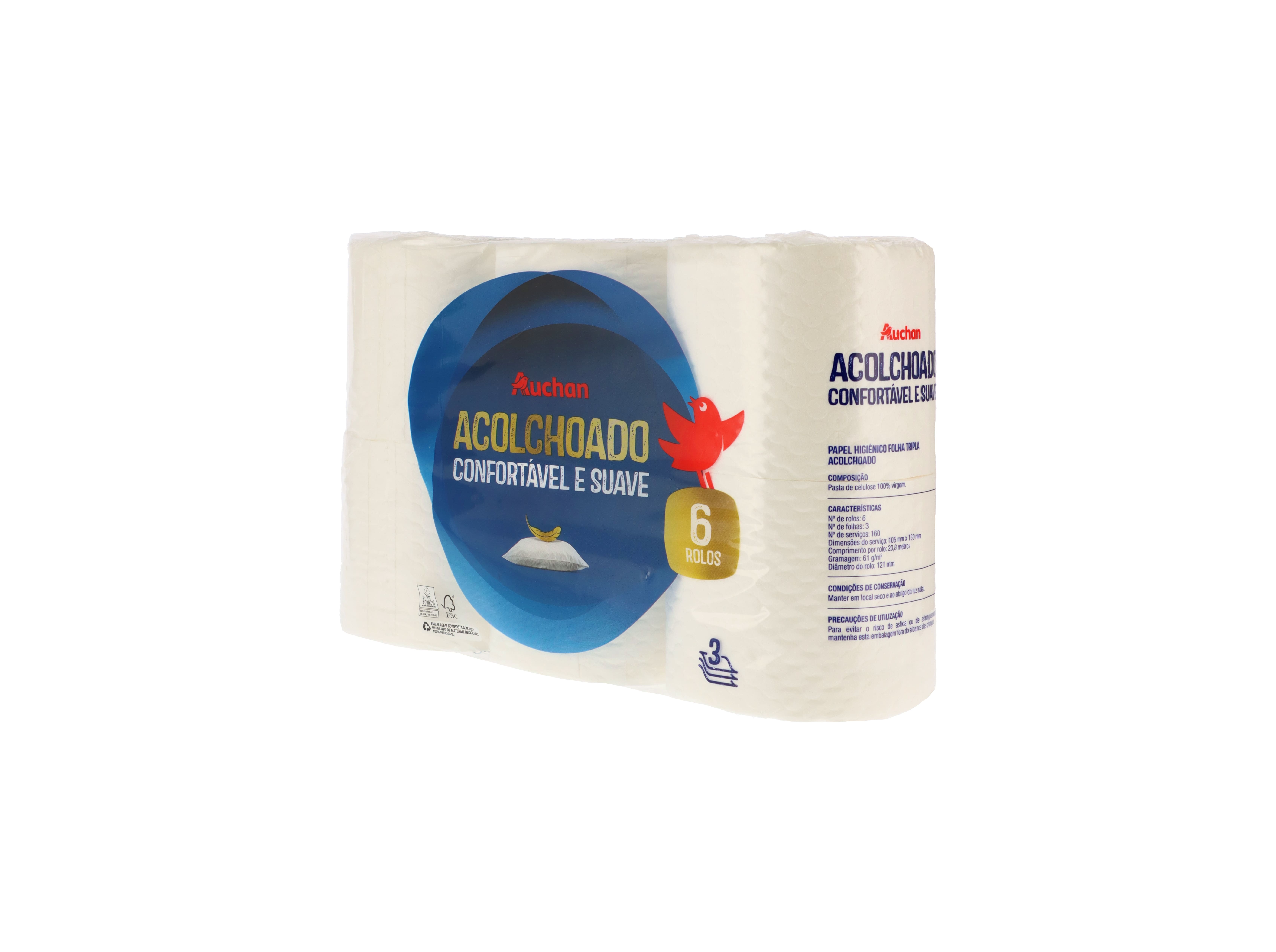 PAPEL HIGIÉNICO AUCHAN ACOLCHOADO 3 FOLHAS 6 ROLOS