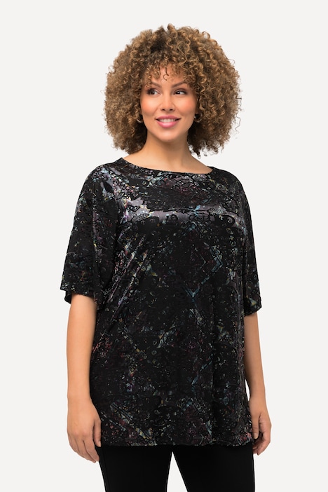 Shirt, Ausbrenner-Samt, A-Linie, V-Ausschnitt, 3/4-Arm