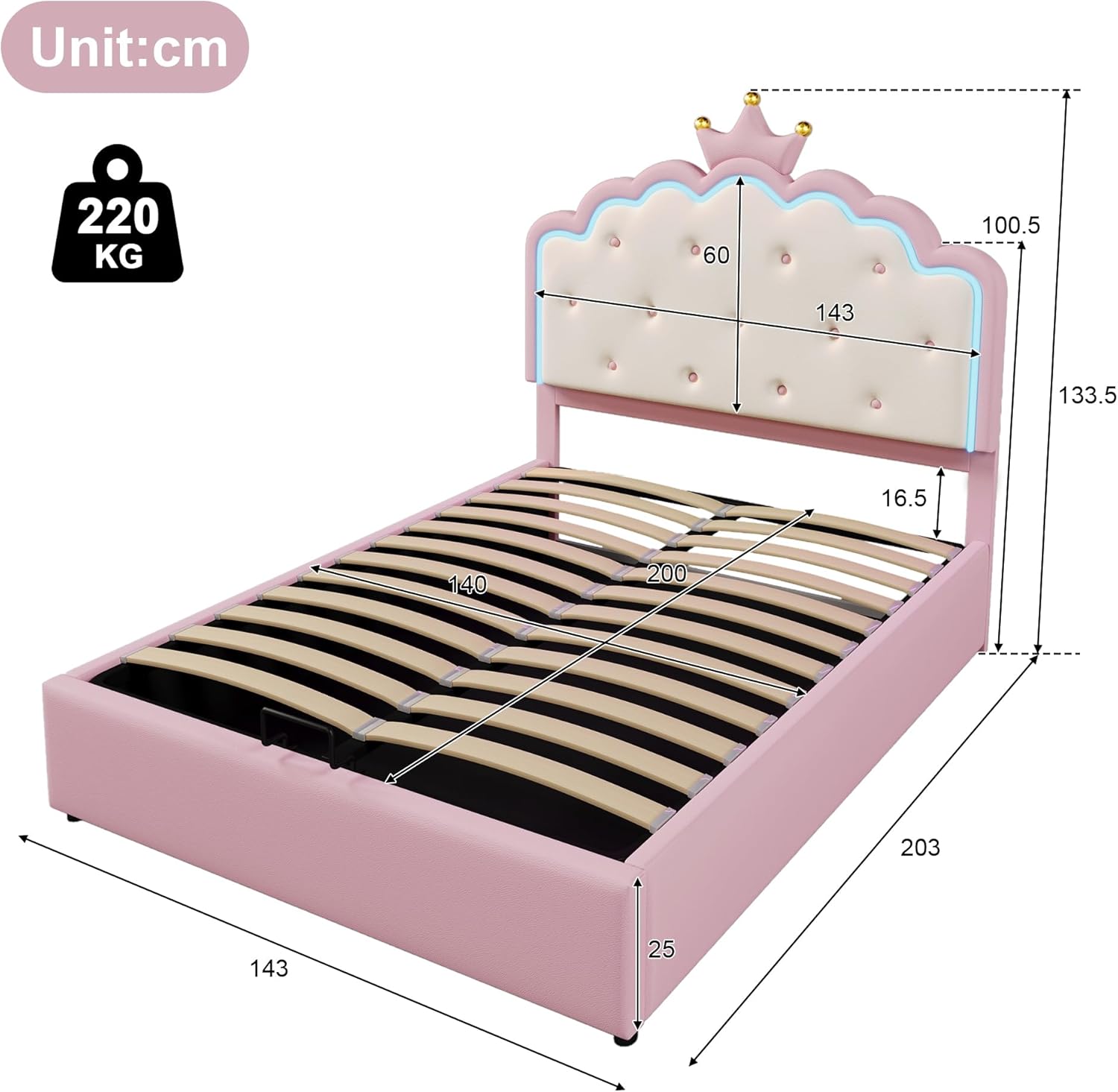 Merax Kinderbett 140x200, Polsterbett für Mädchen Kronen-Doppelbett mit 16 Farben LED-Streifen, Hydraulischer Stauraum, aus PU-Leder Bettrahmen mit Lattenrost(ohne Matratze), Rosa