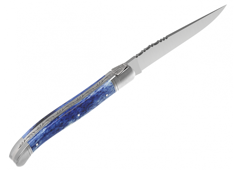 Couteau Laguiole avec un manche en os de girafe teinte bleu et 2 mitres en acier inoxydable