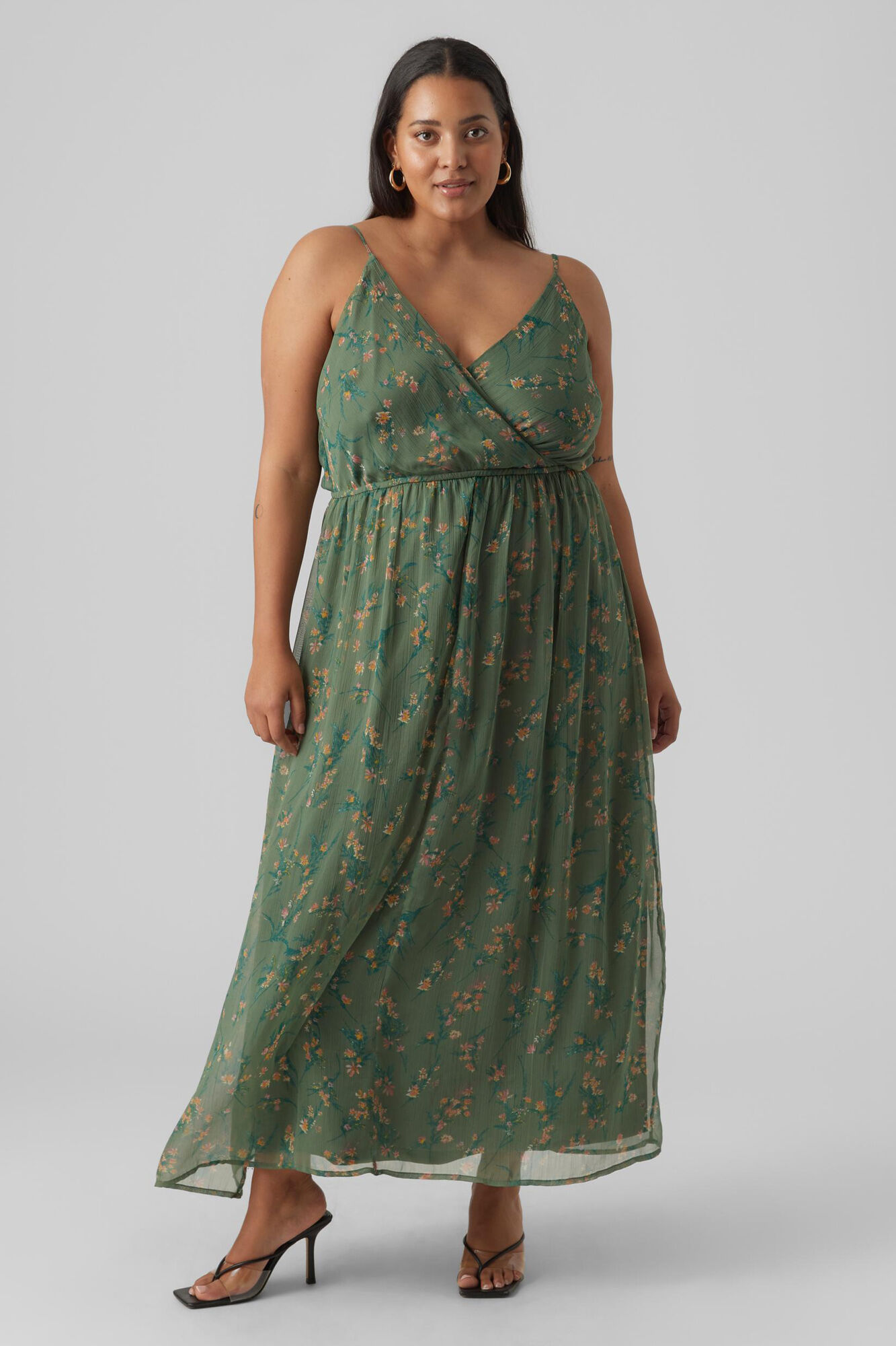 Vestido longo com decote em V e modelagem pico, tamanho grande - Verde