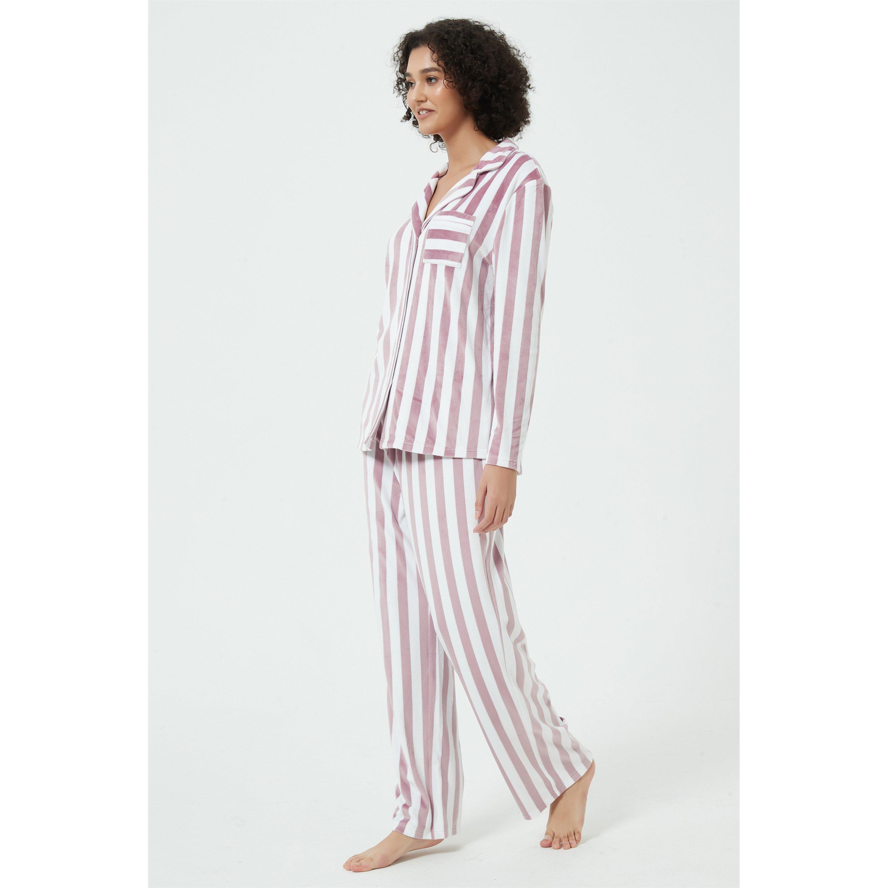 Linea Ladies Stripe Velour Button Through Pyjama Set