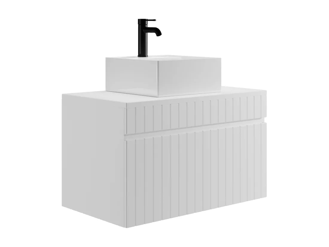 Meuble de salle de bain suspendu strié blanc avec vasque carrée à poser - 80 cm - SATARA