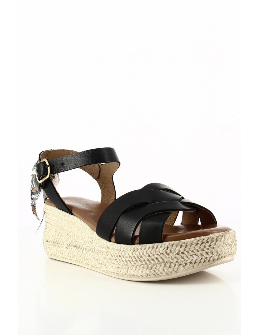 goodstep Sandales Compensées Chantal Cuir Noir et Foulard