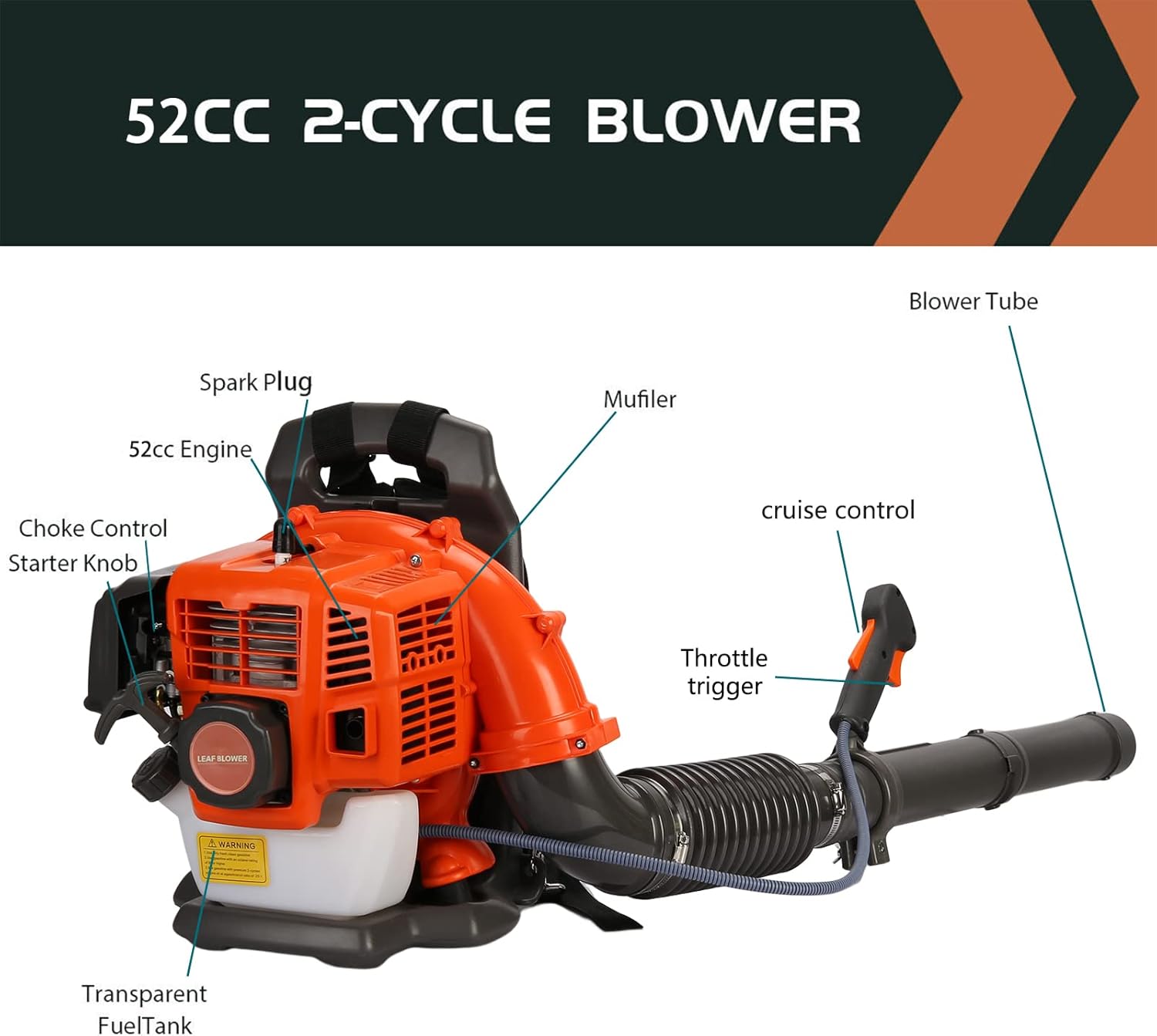 52CC Benzin Laubbläser rückentragbar, 1,7 PS 6800 U/min 550 CFM, 2-Takt Laubbläser Benzin, mit komfortablem Tragegurt und 1,2 L Kraftstofftank, für große Flächen (Orange 2-52cc)