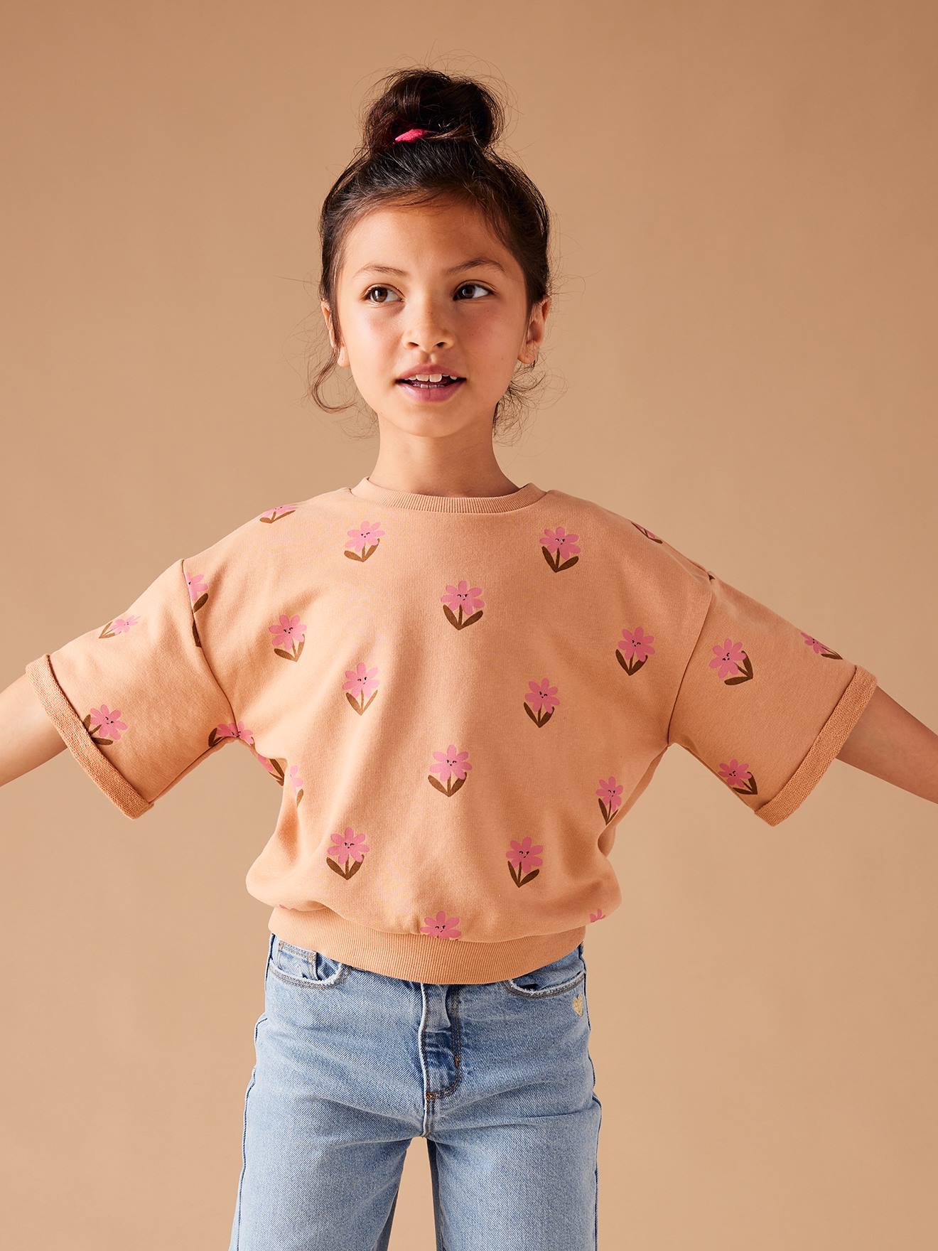 Blusa de moletom de manga curta com estampa floral pêssego para meninas