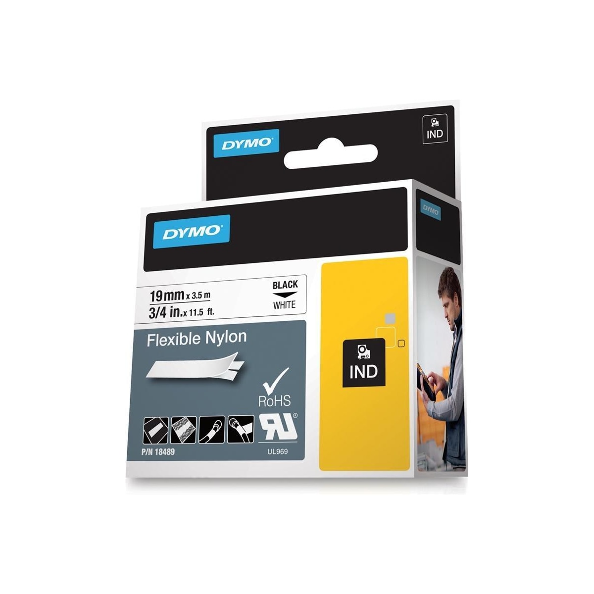 DYMO RhinoPRO merketeip fleks nylon 19mm, svart på hvitt