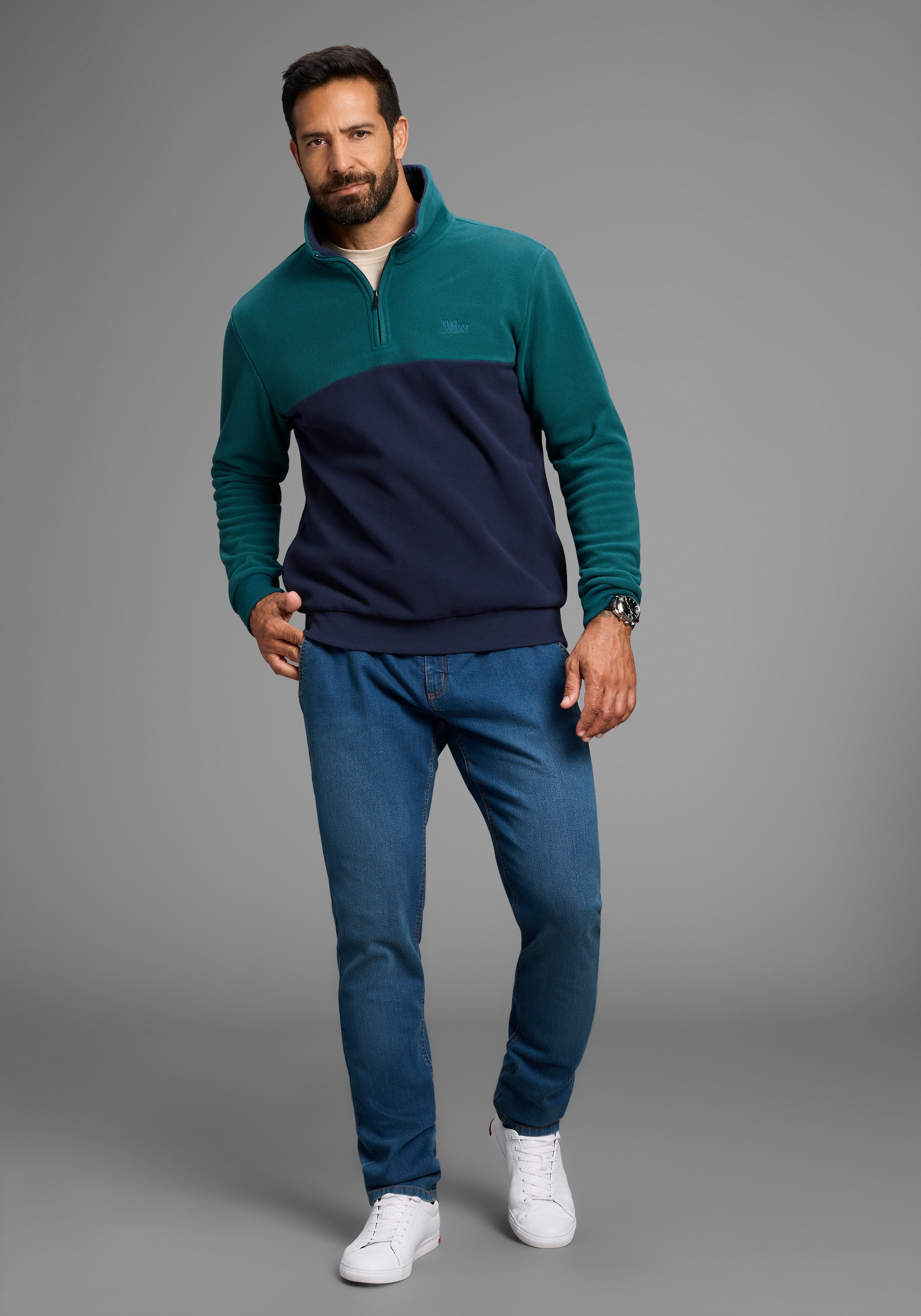 Man's World Fleecepullover , Troyer mit Kontrast-Part, ideal für den Übergang