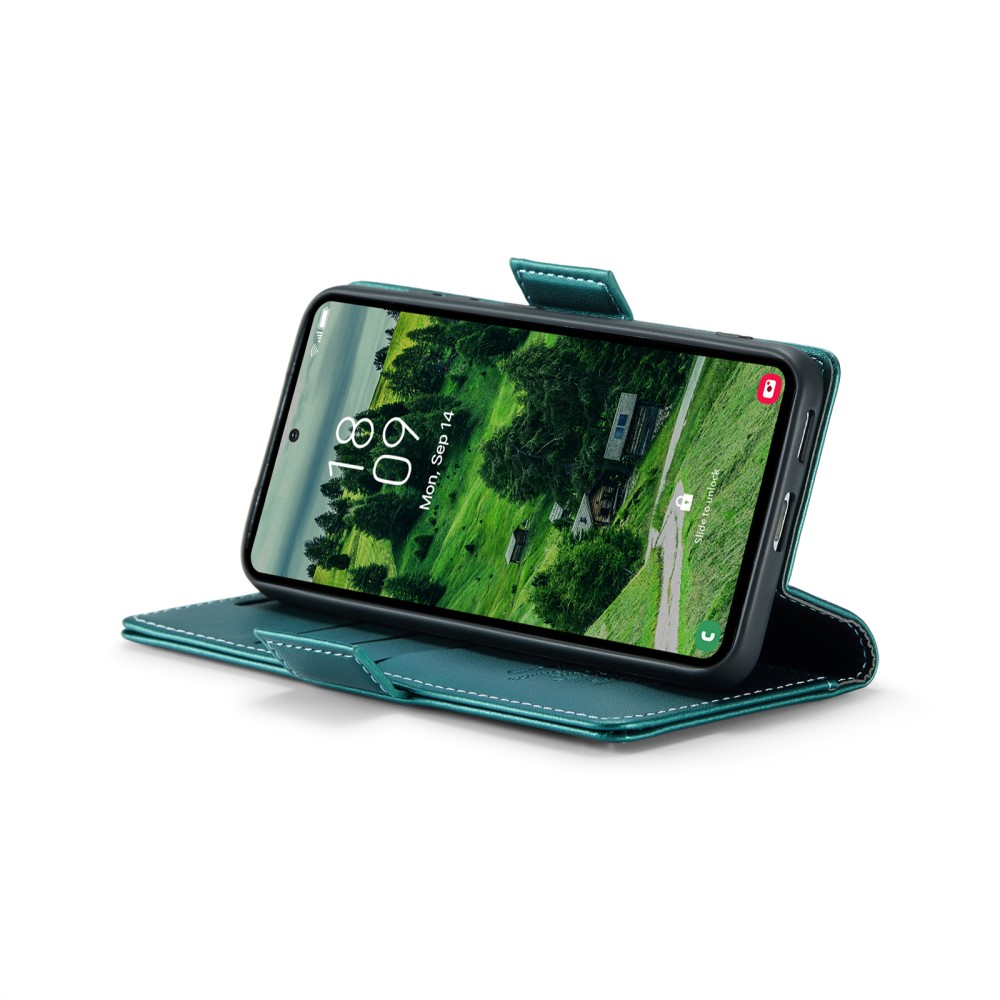 Samsung Galaxy S25 Leder Tasche Flip Wallet Etui mit Kartenfächern Litchi Look (RFID Schutz) - Grün