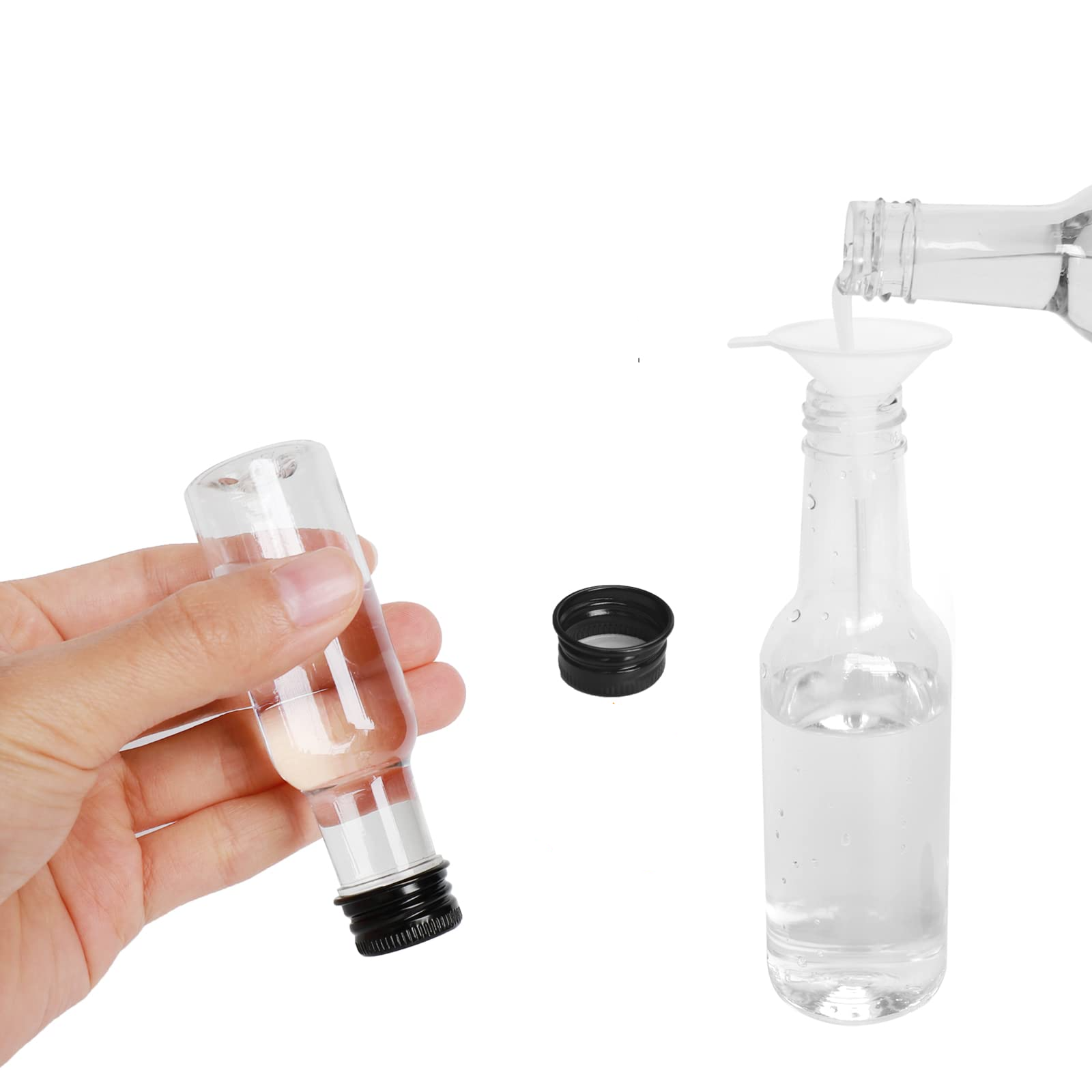 (24er Set) 50ml Mini Shot Flasche Wiederverwendbares Party Geschirr DIY Schnaps Fläschchen inkl. Trichter / Geschenk Anhänger / Schnur - Transparent