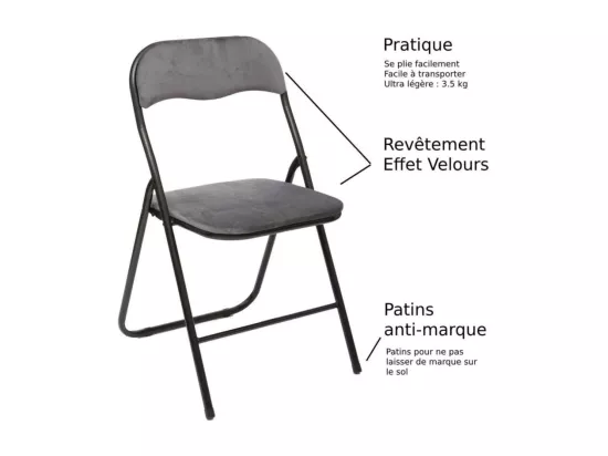 Chaise pliante confortable en métal et velours Gris H 79 cm