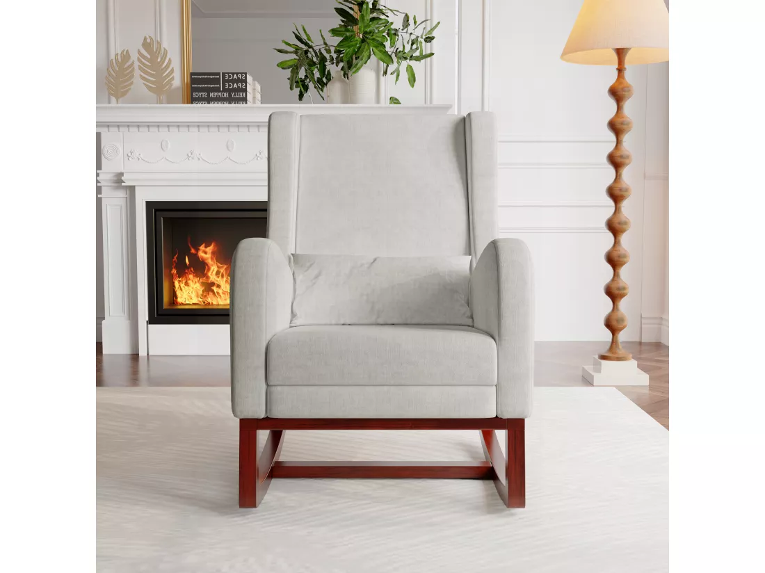 Fauteuil à bascule, Chaise à Bascule avec Repose - Jambes Rétractable Chaise avec Dossier Haut en Bois Massif Chaise Berçante pour Salon, Chambre, Jusqu'à 150 kg - Gris