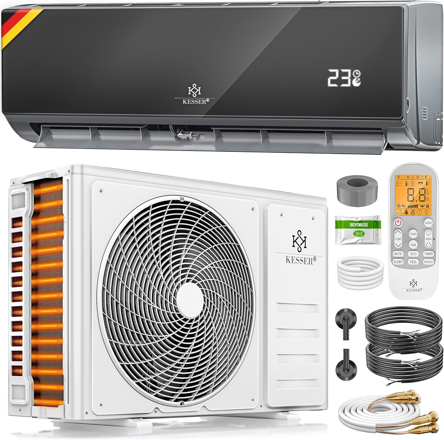 KESSER® Split Klimaanlage Set Quick Connect 9000 BTU 2,6 kW – WiFi & App Klimagerät mit Heizfunktion & Kühlmodus Wandklimaanlage, mit Kupferleitung Kältemittel R32 Inkl. Montagematerial