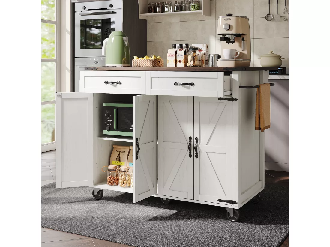 Ilot central de cuisine mobile avec 4 portes et 2 tiroirs - plateau extensible - 140 x 45/73 x 93 cm - Bois MDF + métal - Blanc + naturel