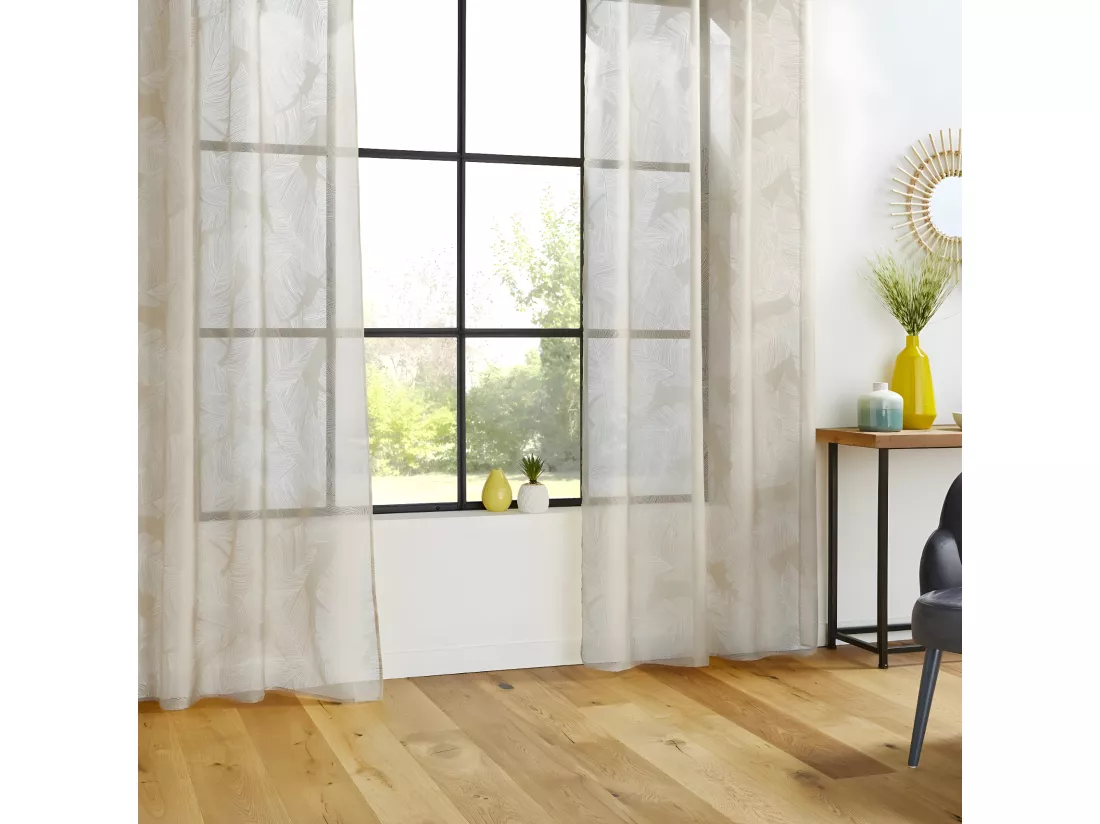 Voilage à œillets Beige Lin motif Feuille 140 x 240 cm