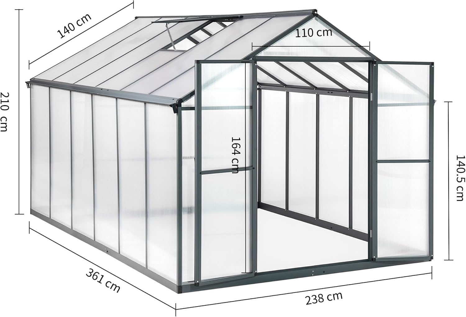 Gewächshaus Aluminium für den Garten |Mit 8 cm dickeres Fundament| 361*238*210 cm | Vielseitig nutzbar als Treibhaus Gartenhaus Winterfest Aufzucht Tomatenhaus Frühbeet und Pflanzenhaus Grau