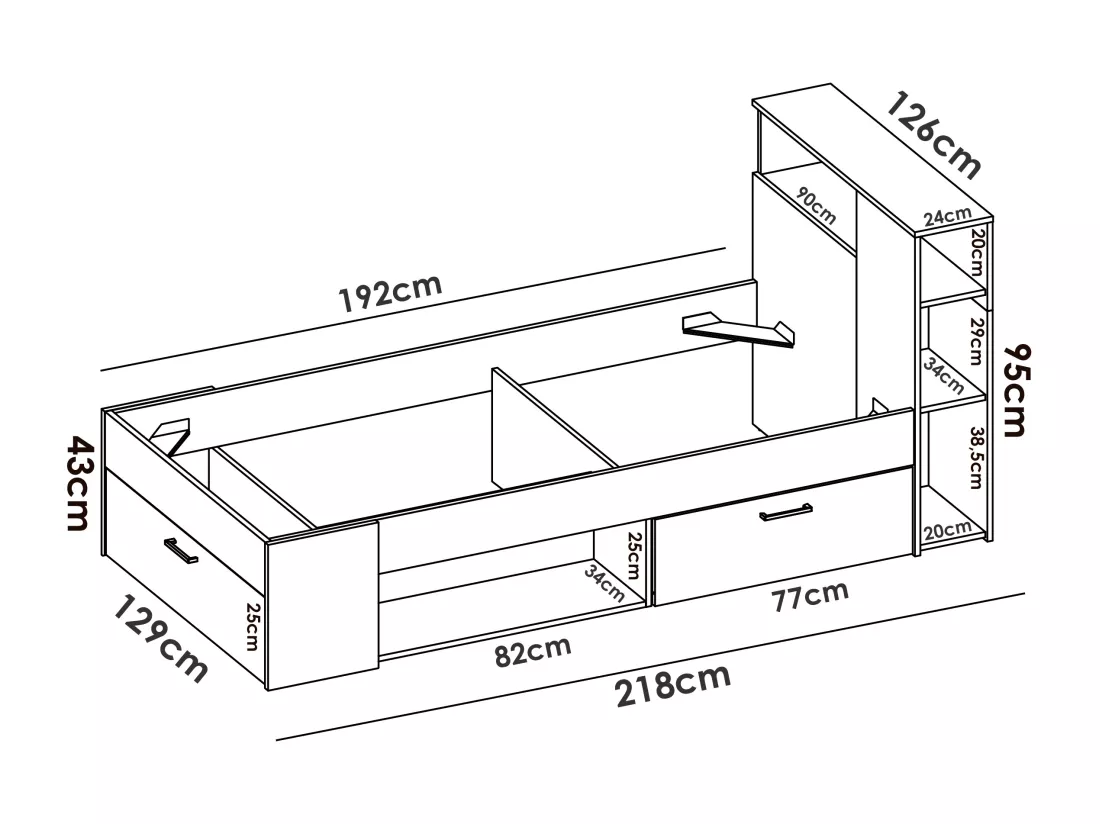Lit avec tête de lit rangements et tiroir - 120 x 190 cm - Naturel et blanc + Sommier + Matelas - LEANDRE