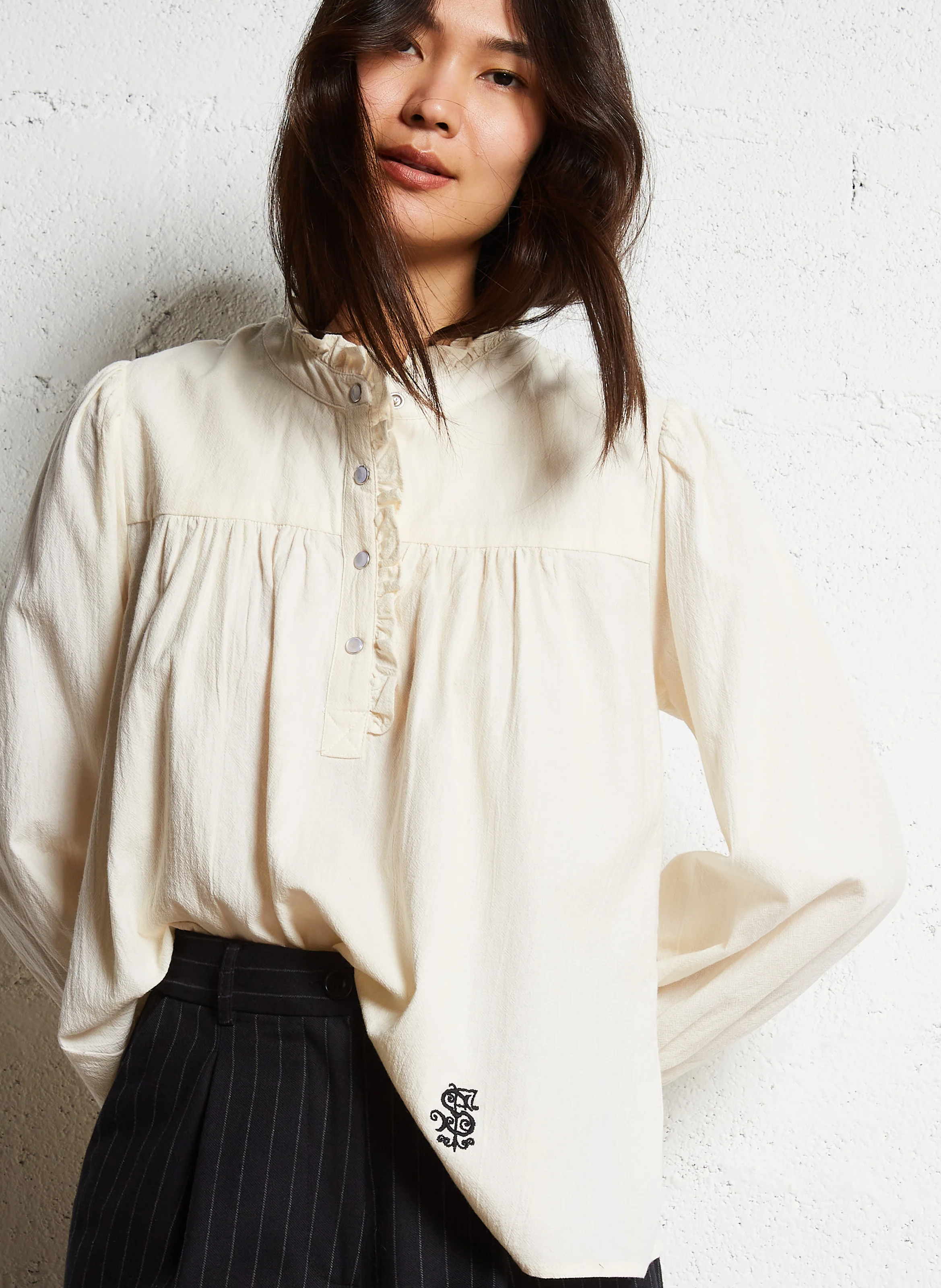 DOUNIA - Blouse col rond droite en coton | Beige
