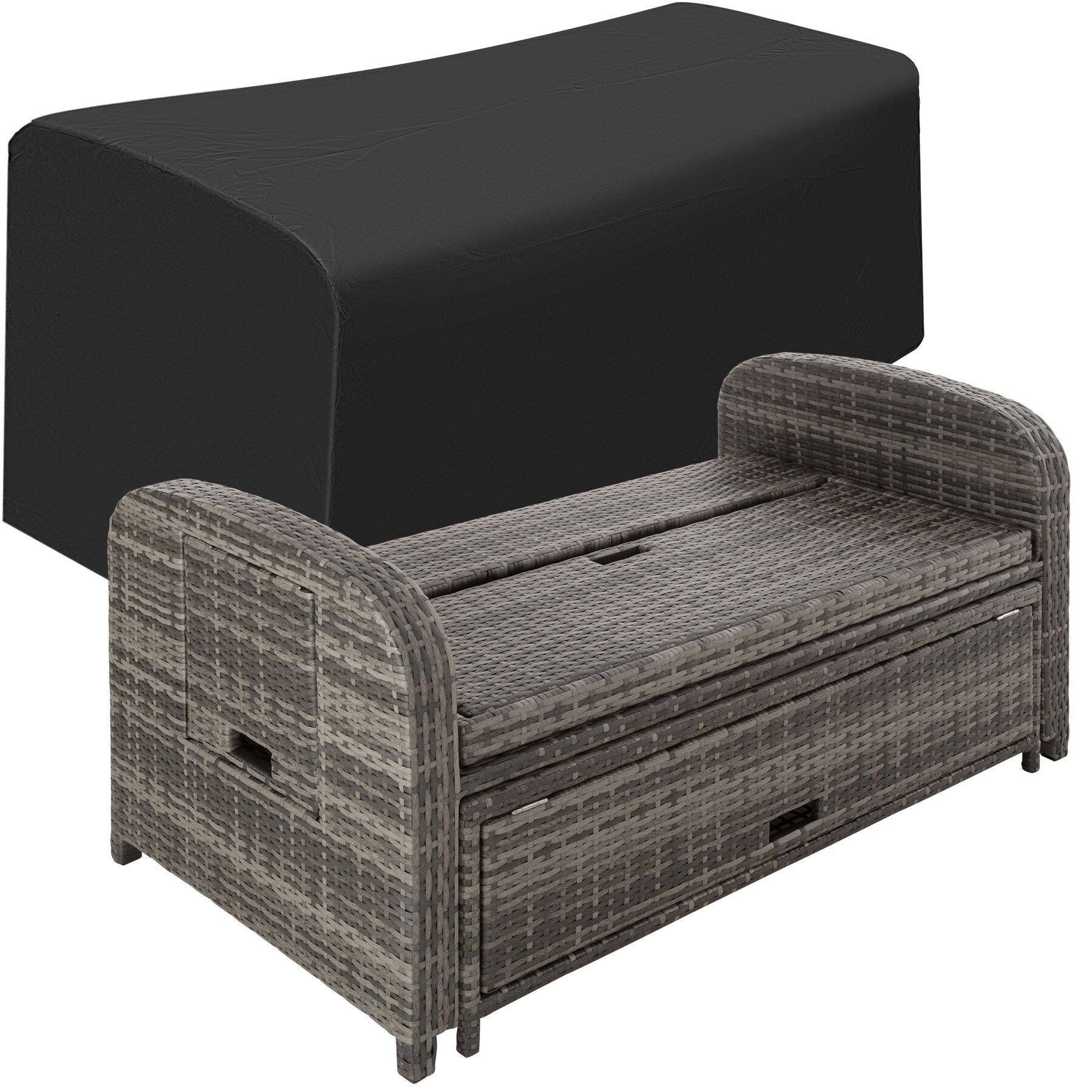 tectake® Rattan Sofa, mit Aluminiumgestell, zur Liege wandelbar, mit Stauraum und Schutzhülle