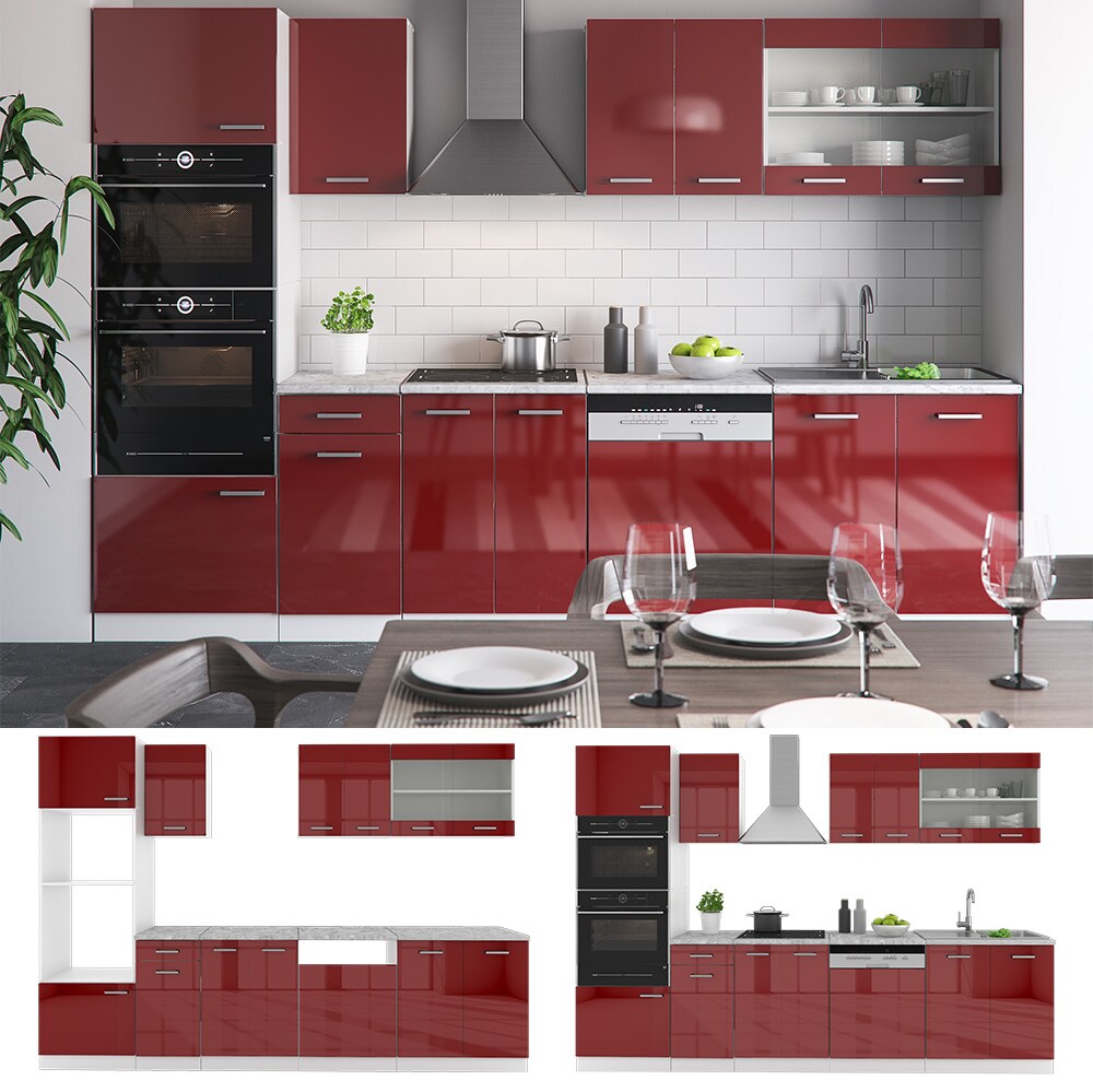 VICCO KÜCHE R-LINE 300CM KÜCHENZEILE KÜCHENBLOCK EINBAU ROT BORDEAUX HOCHGLANZ