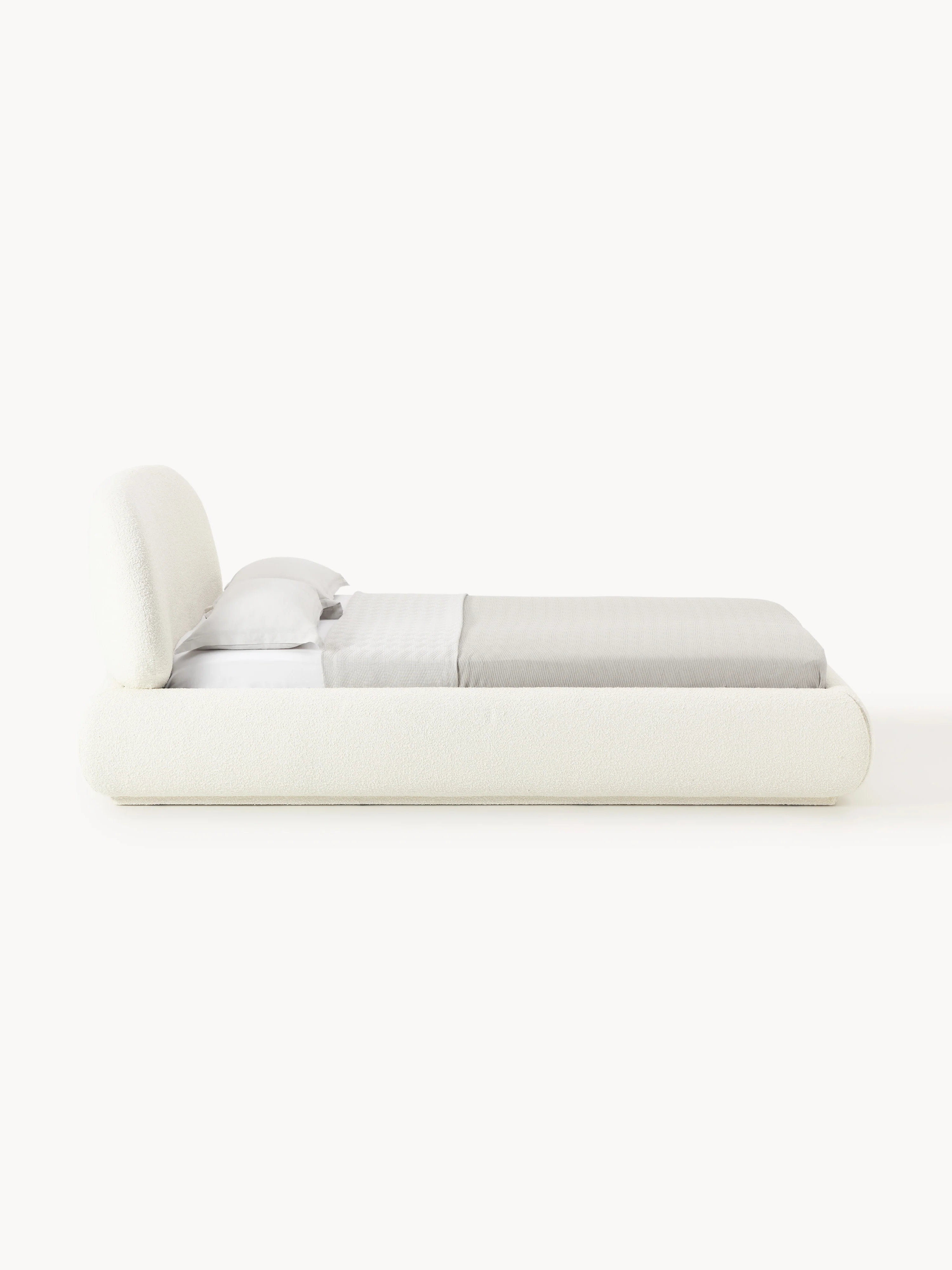 Bouclé gestoffeerd bed Alba met opbergruimte