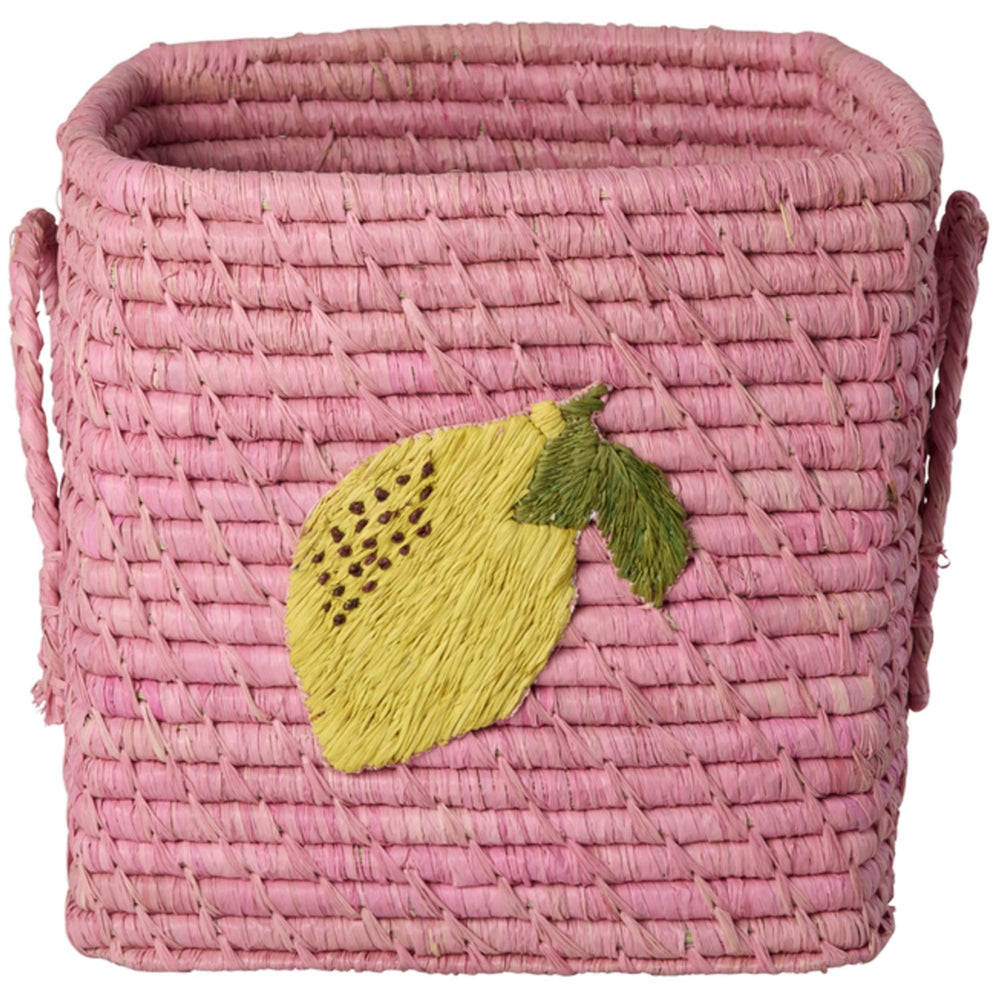 Køb Rice Raffia Square Kurv Med Big Lemon Embroidery Og Raffia Handles - Small