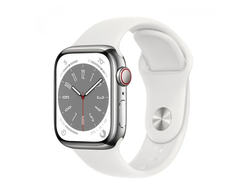 Apple Watch Series 8 (GPS   Cellular) - 41 mm - sølv rustfrit stål - smart ur med sportsbånd - fluoroelastomer - hvid - båndstørrelse: Almindelig - 32 GB - Wi-Fi, Bluetooth, LTE, UWB - 4G - 42.3 g