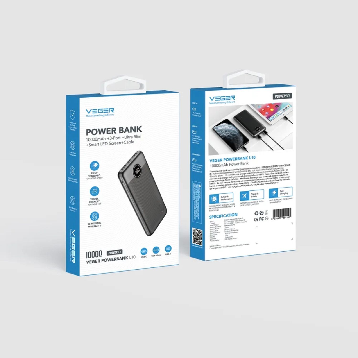 Powerbank L10S - 20W 10 000mAh LCD Quick Charge PD Micro-USB