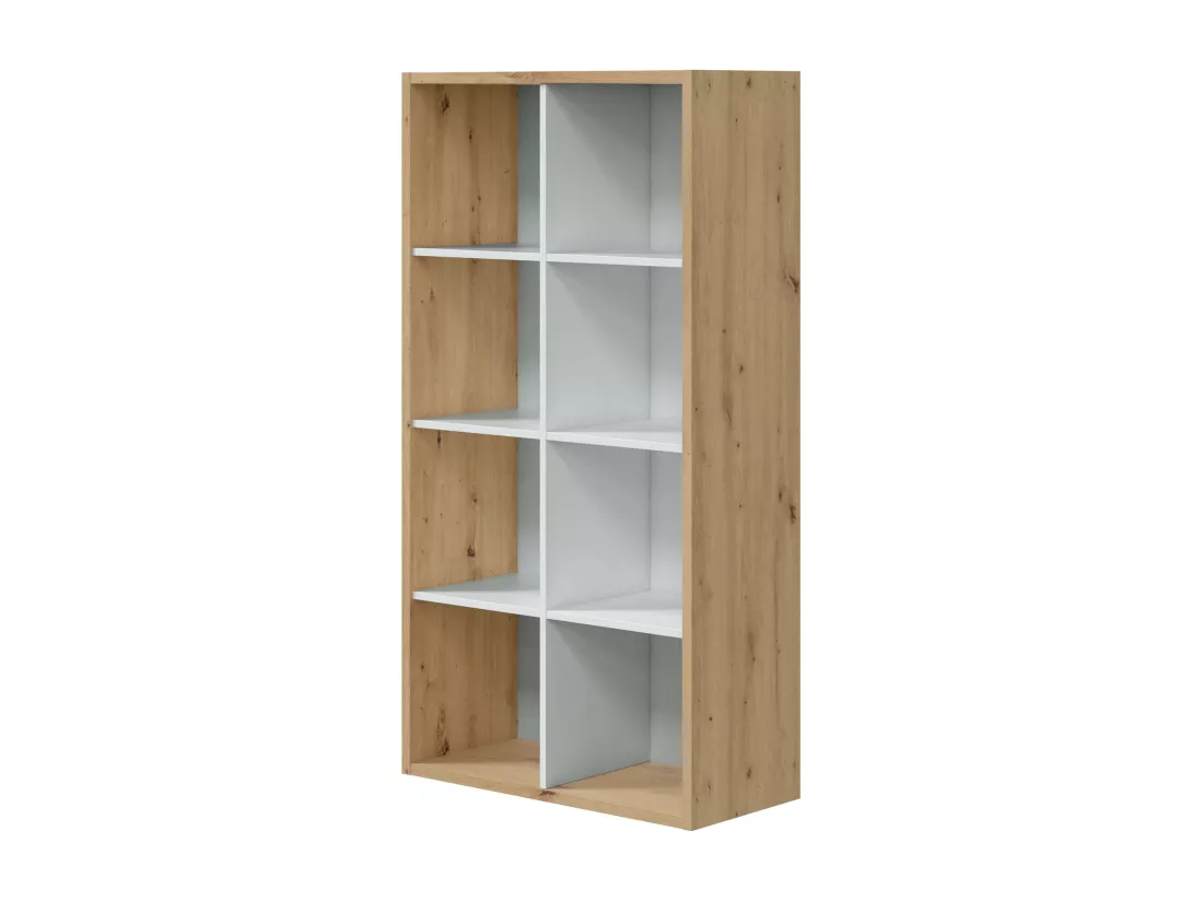 Bibliothèque Dmarini, Bibliothèque réversible à 8 compartiments, Meuble TV multi-positions, 72x33h137 cm, Chêne effet noeud et Blanc