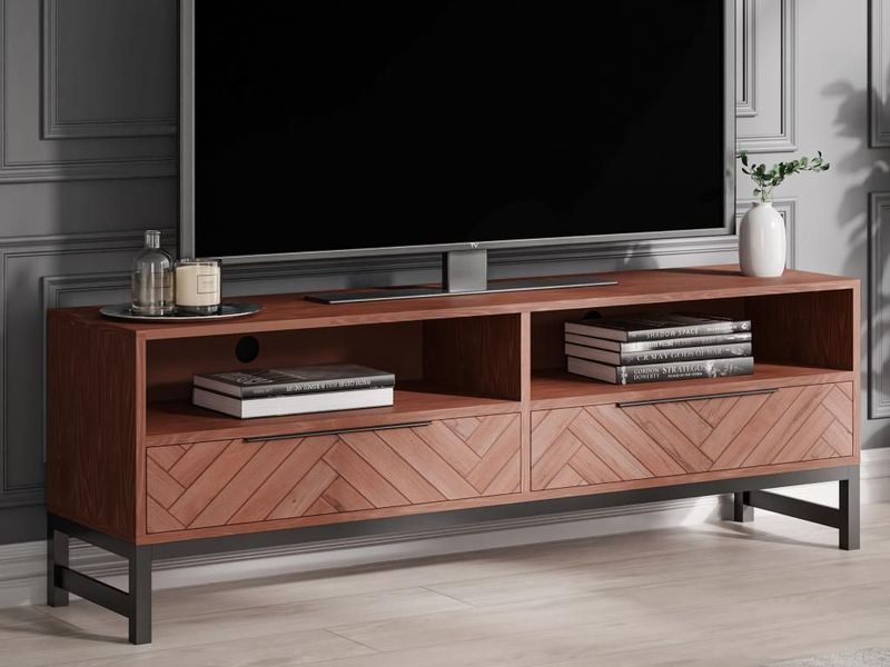 VEDILA - Tv-meubel - Naturel en Zwart - Acaciahout en Metaal - 2 Laden en 2 Vakken
