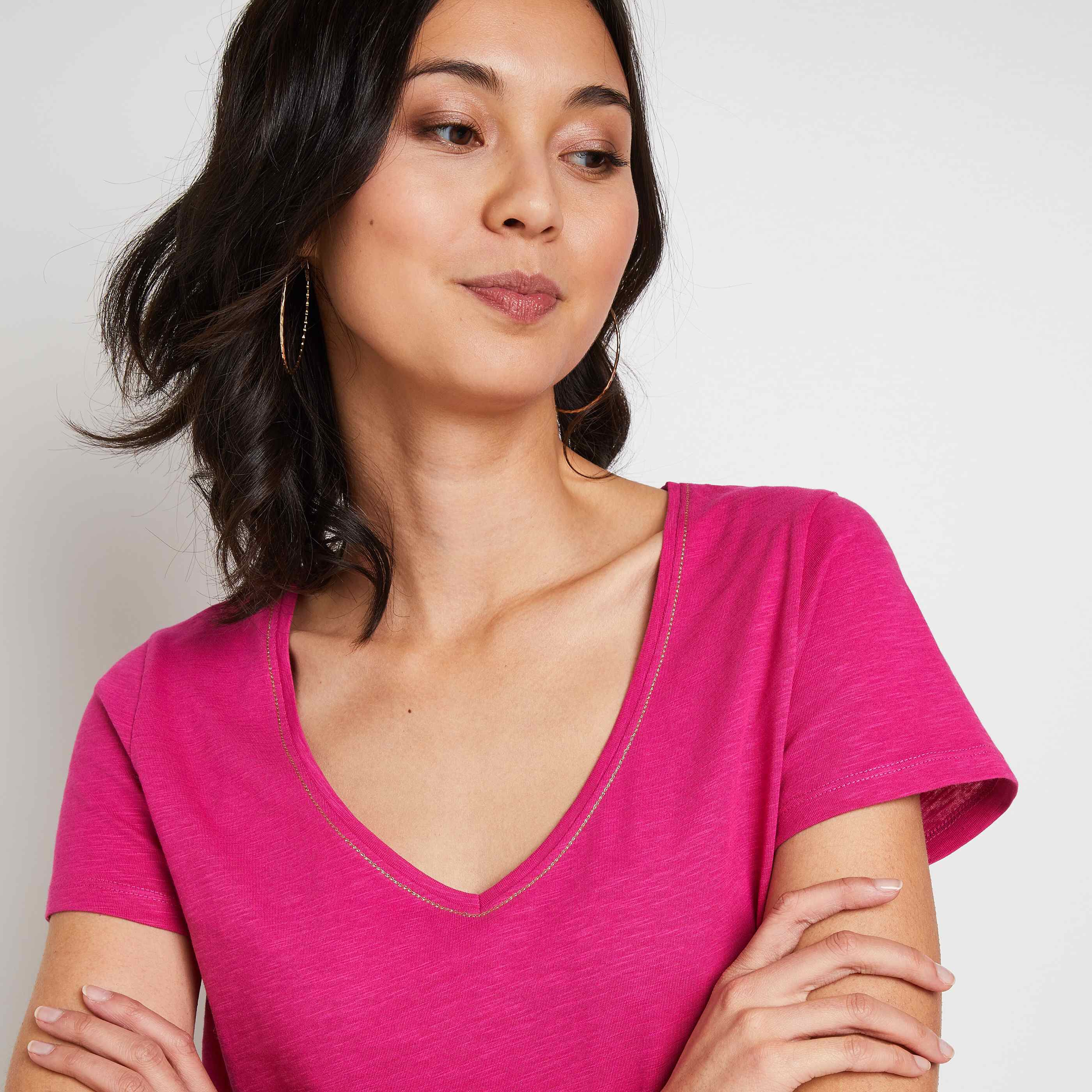 T-shirt manches courtes V femme - ROSE