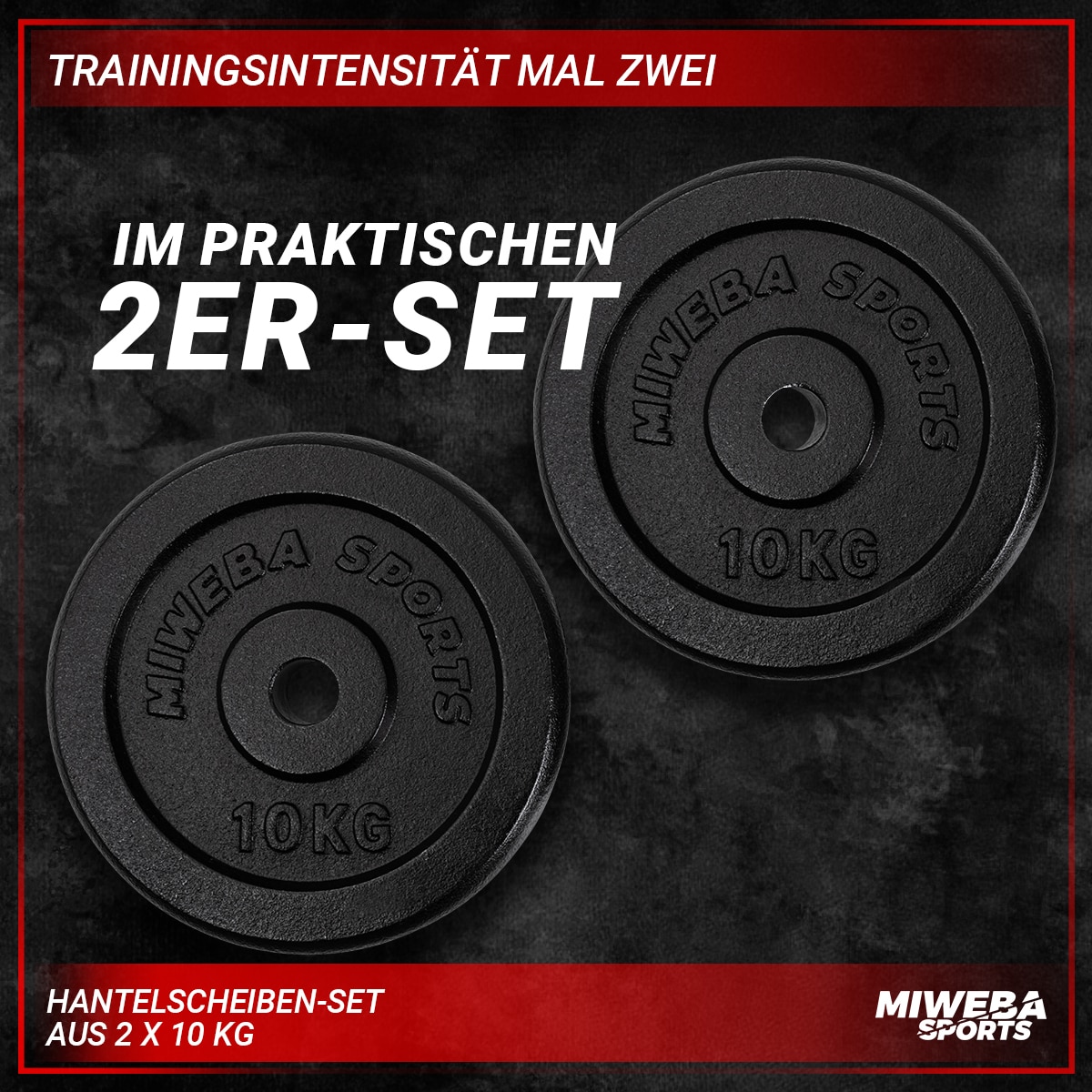 Miweba Sports Hantelscheiben HSG100, 2x 10 kg Hantel-Gewichte, passend für Ø 30mm, Set, Gusseisen