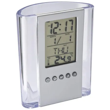 Macma Acrylschreibtischköcher mit Uhr, Alarmfunktion, Datum, Wochentag und Temperaturanzeige