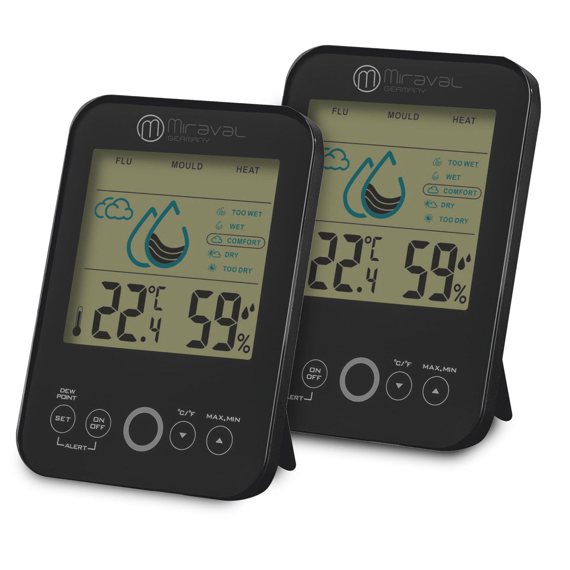 Miraval2x Raumklimastation Schimmelwarner 5 Stufen Lüftungsempfehlung Hygrometer Temperaturstation