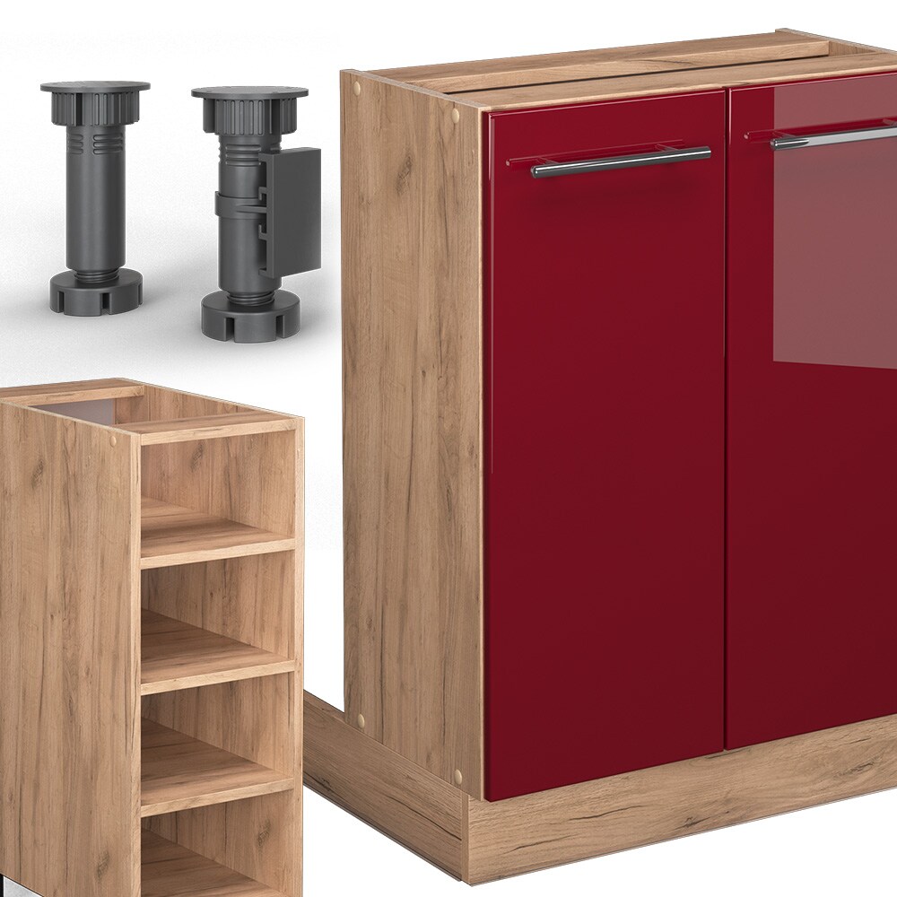 Vicco Kücheninsel Küchenblock Einbauküche Fame-Line Eiche Bordeaux Rot 90 cm modern Hochglanz Küchen Schränke Regalunterschrank Küchenunterschrank Regalinselunterschrank Softclose-Scharnier Küchenmöbel