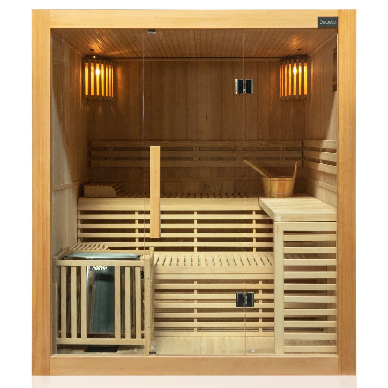 Dewello® Finnische Traditionelle Sauna SARNIA 180cm x 140cm inkl. 6 KW Harvia Ofen, inkl.Aufguss-Set, Sanduhr, Thermometer