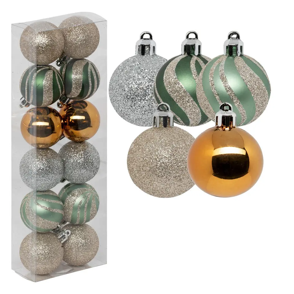 Atmosphera kerstballen 12x -kunststof -champagne/oker/groen- 4 cm